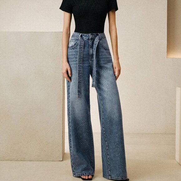 MODA ME COUTURE Denim - Blue Party Women's Rhinestone Straight Leg Baggy Denim Jeans